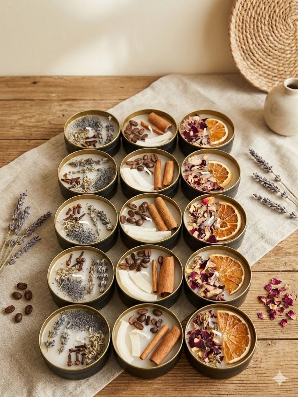 Různé typy aromaolejů a sušených bylin pro výrobu svíček